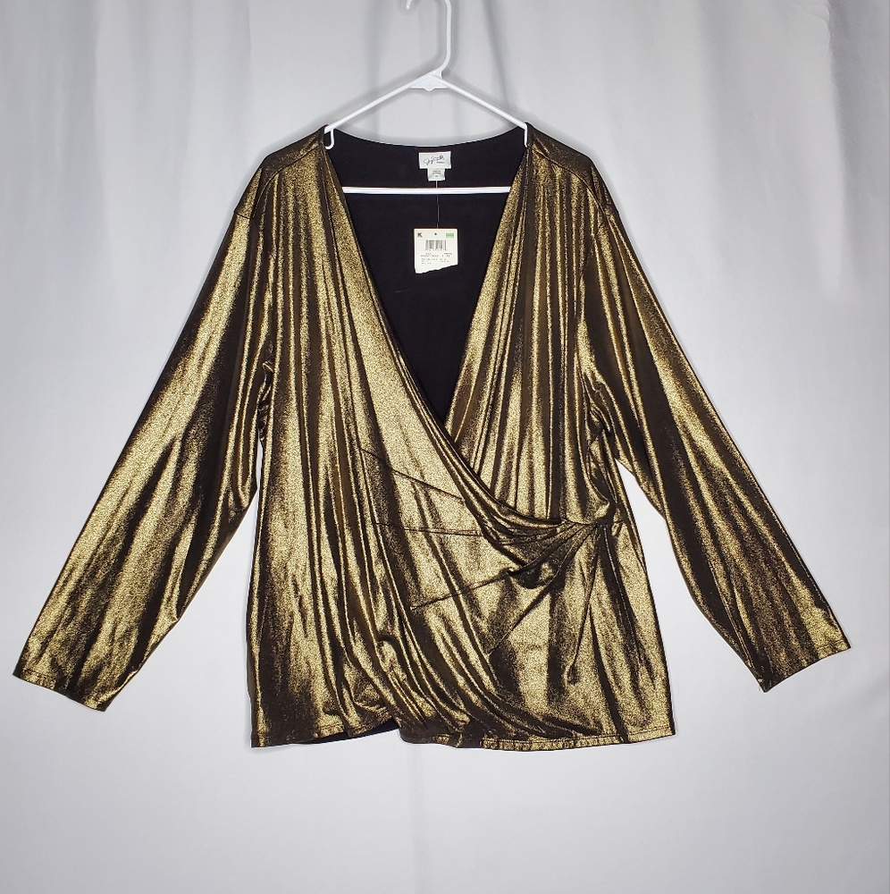 Vtg Jaclyn Smith Gold Metallic Faux Wrap Top Womens 3X Stretch Vneck Long Sleeve